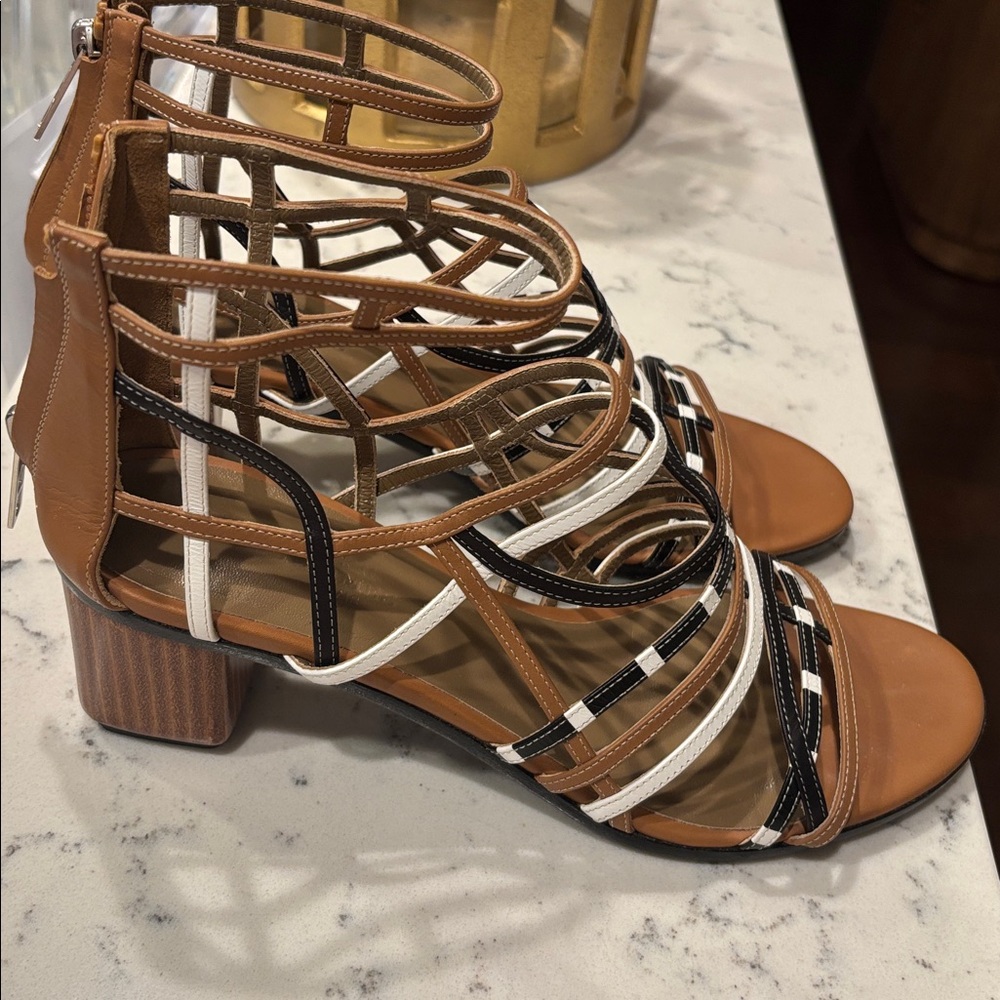 Hermes:) Stylish Strappy Heels - Black, White, and Tan with back zipper